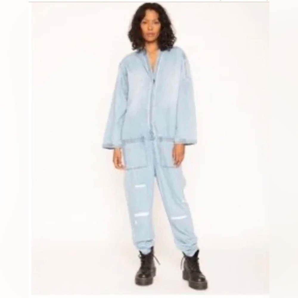 NWT Sandrine Rose lightly distressed full jumpsuit. Lightweight denim. Size XS